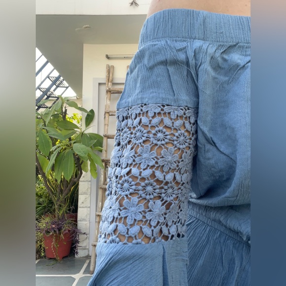 NWOT Blue Off Shoulder Drawstring Romper / Blue Off Shoulder Drawstring Playsuit - Picture 4 of 6